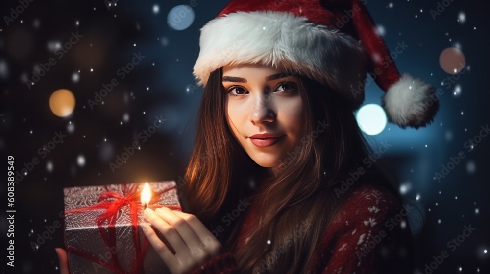 Girl with magic Christmas box. Illustration AI Generative