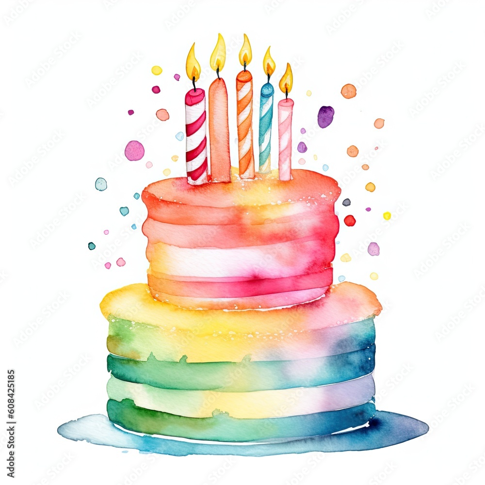 Watercolor Birthday Cake. Illustration AI Generative.