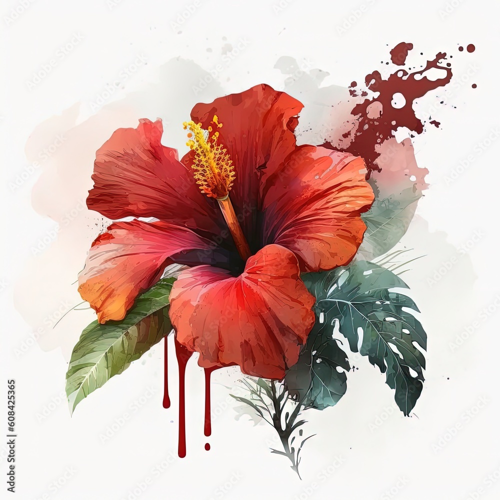 Red hibiscus flower watercolor. Illustration AI Generative.