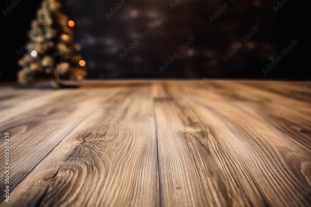 festive wooden table with a Christmas tree in the background Generative AI