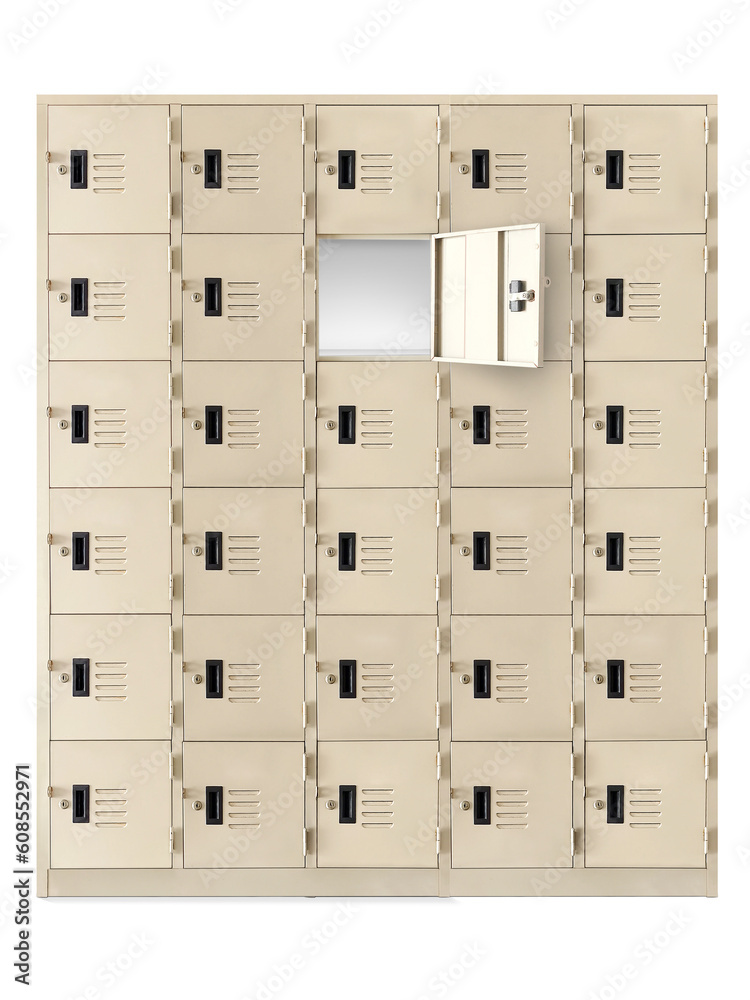 Deposit  locker boxes or gym lockers inside of a room with one central opened door  PNG transparent