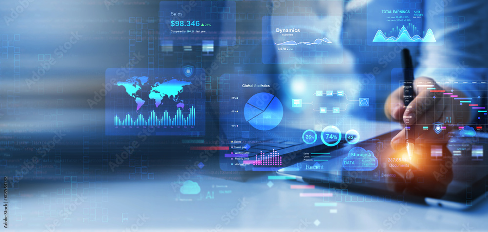 Business finance data analytics graph.Financial management technology.Advisor using KPI Dashboard on