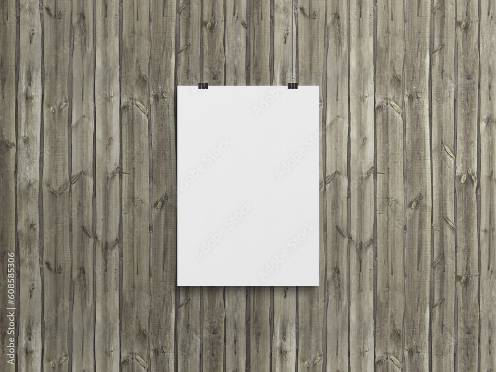 Blank vertical poster hanging with clips on a wood wall Mockup. 3D rendering