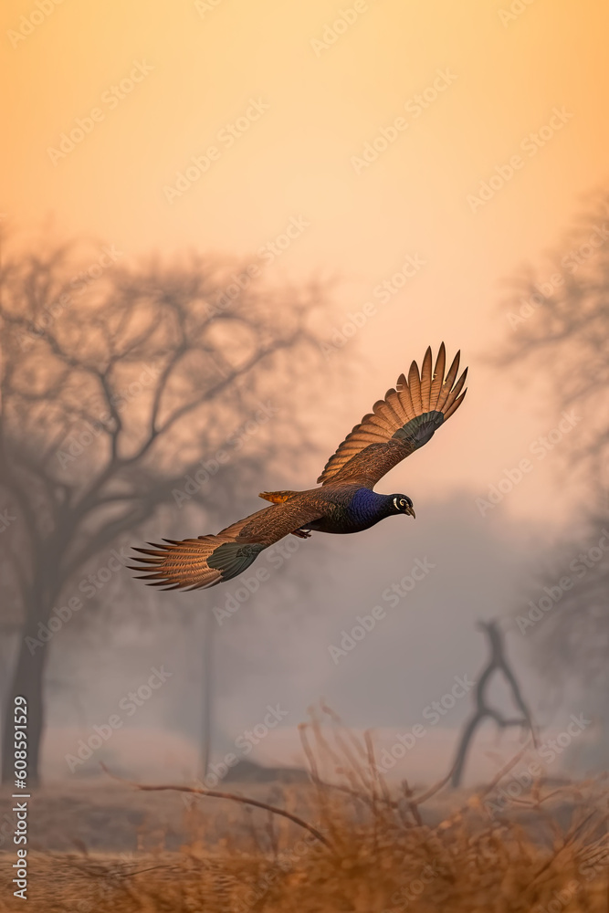 Phoenix rises in the forest. The bright red and yellow phoenix bird kite is flying.