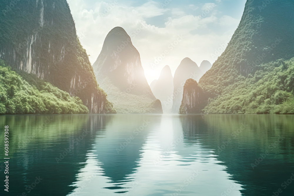 The natural landscape of the mountains and water in Guilin, China