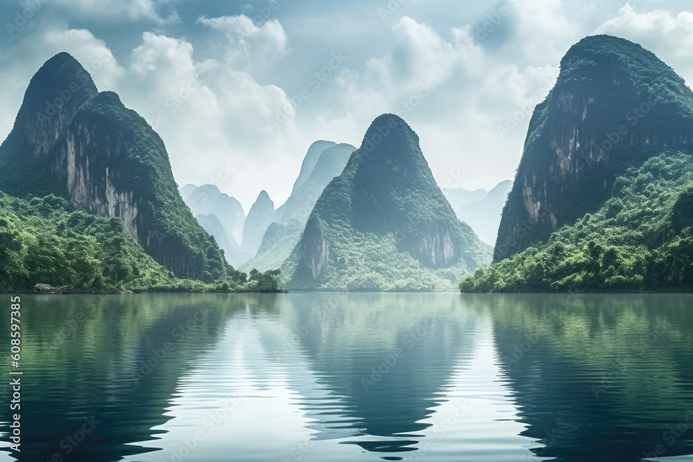 The natural landscape of the mountains and water in Guilin, China