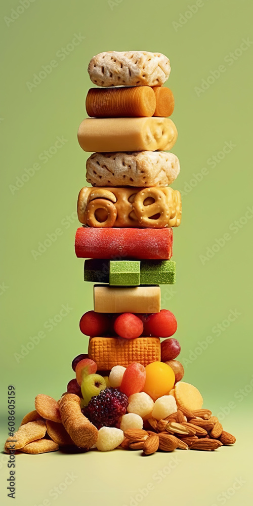 Equilibrium food balance diet concept. Balancing pyramid or tower of fruits. Generative AI