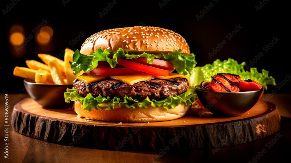 Delicious hamburger with french fries on wooden board on black background.