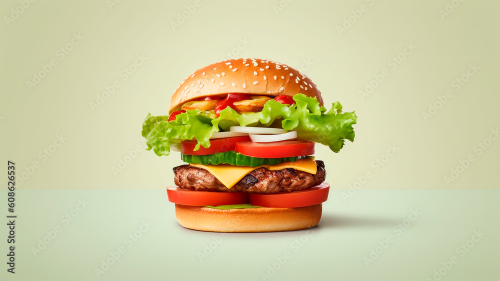 Hamburger on green background. Fast food concept. Generative AI.