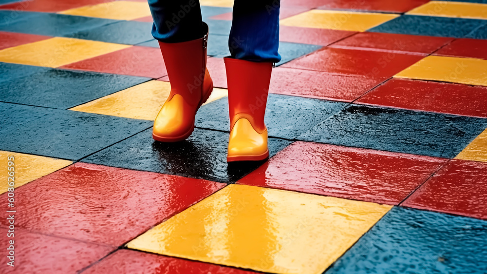 Low section of a person wearing rubber boots standing on a colorful tile floor. Generative AI.