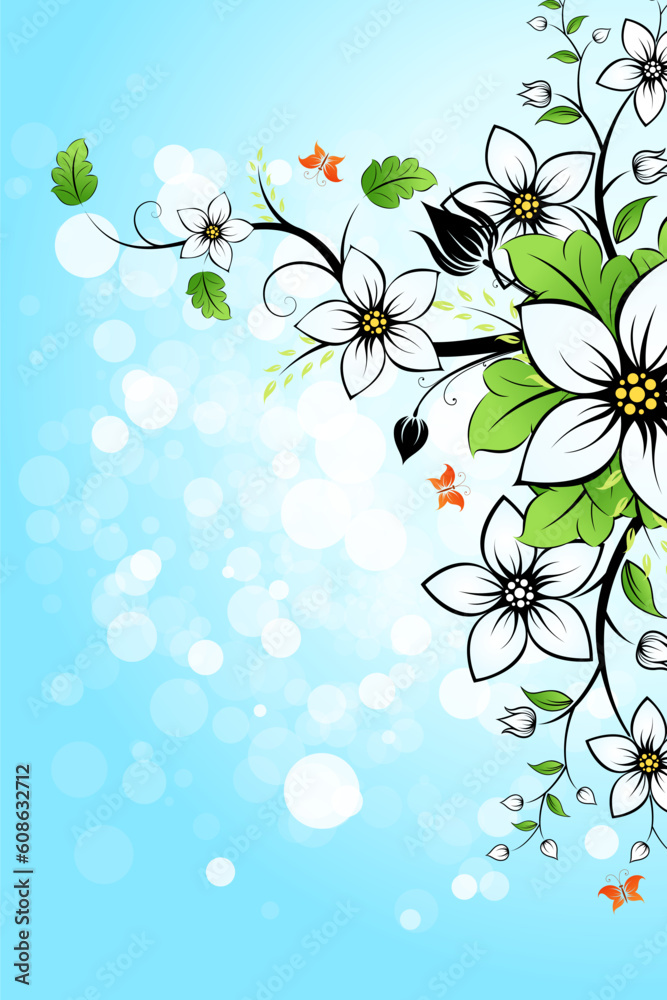 Blue Background with Flowers and  Butterfly