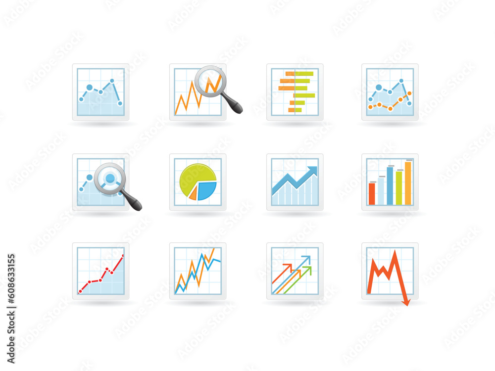 Statistics and analytics icons with charts and diagrams