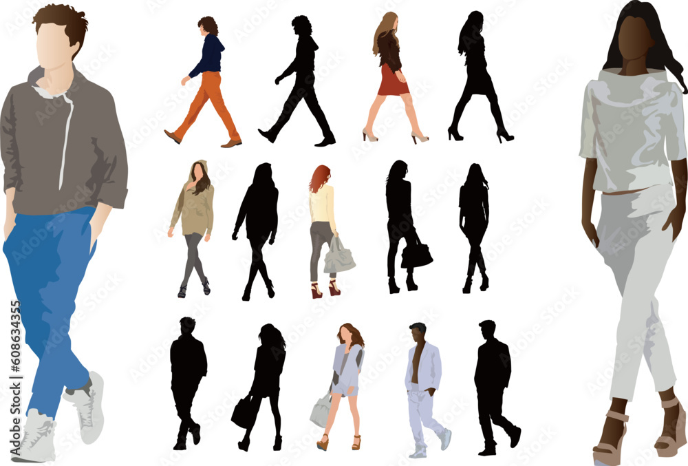 Group of elegant dressed in fashion clothes young people. Long legs and perfect body proportions. Ve