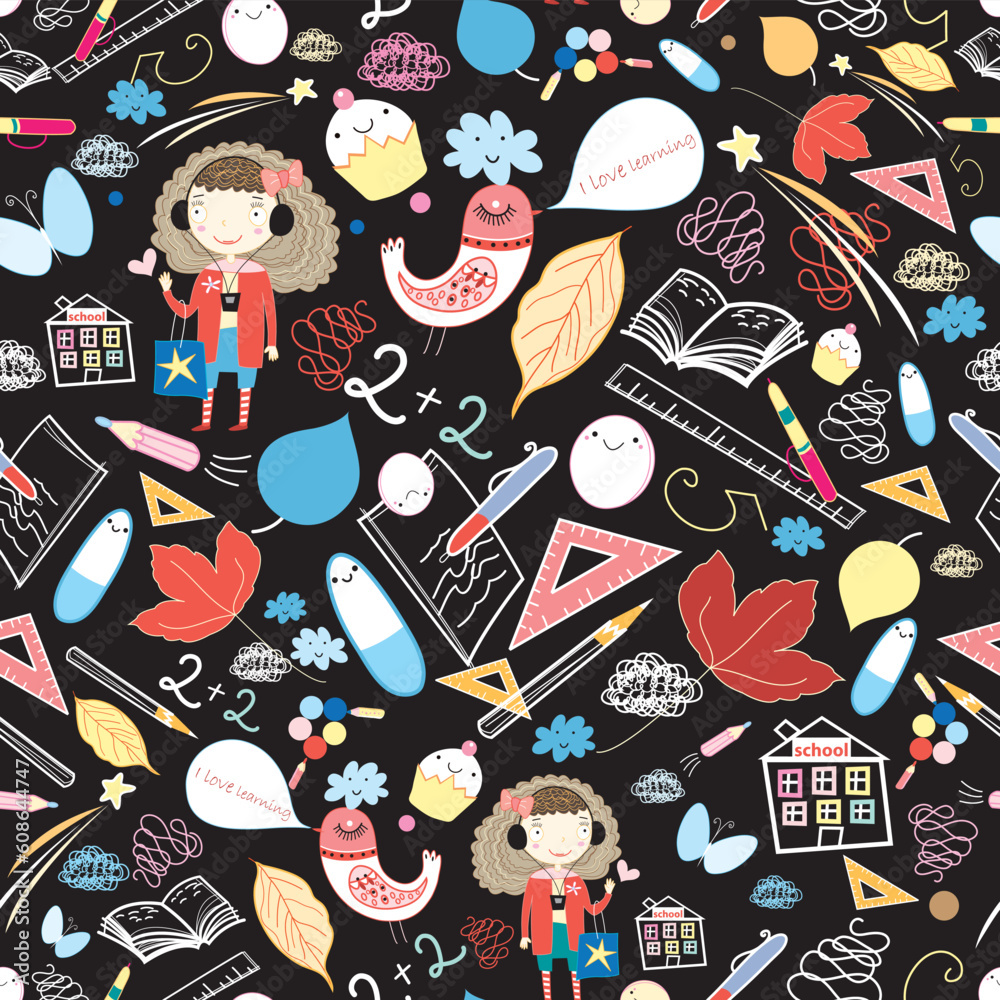 seamless pattern of different school subjects and birds on a black background