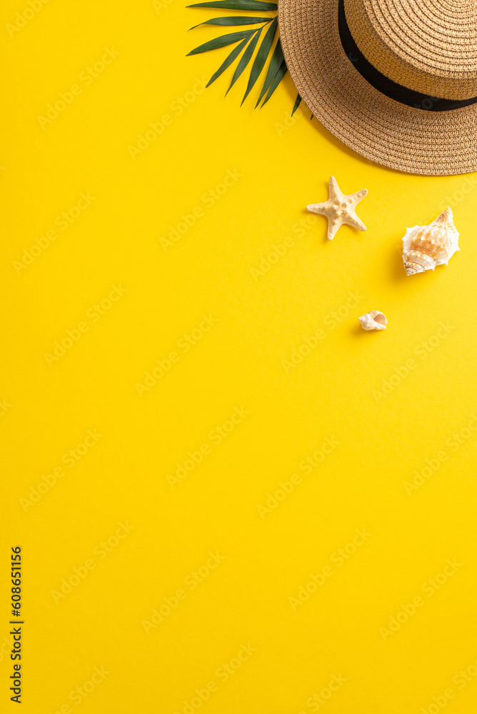 Embrace the summer vibes with this top vertical view flat lay. Featuring a sunhat, starfish, seashel