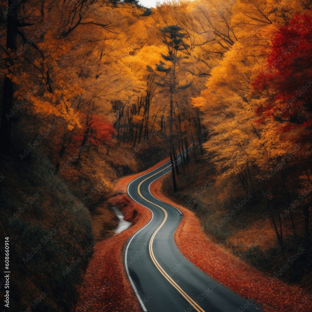 Autumn forest road. Illustration AI Generative.