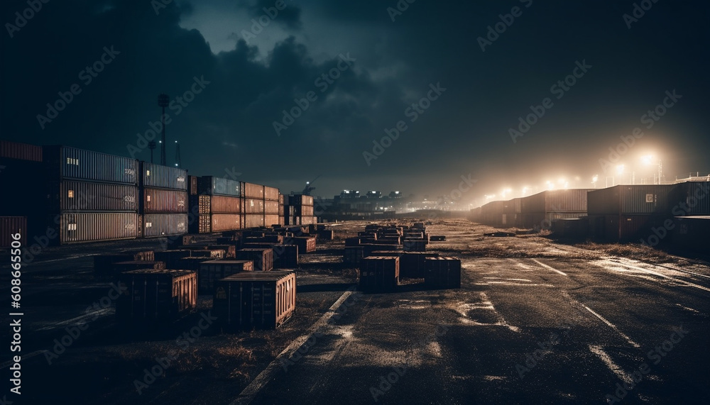 Steel crates stack high, loaded onto trucks for delivery at dusk generated by AI