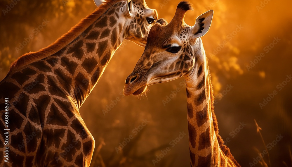 A spotted giraffe standing in the savannah at sunset generated by AI