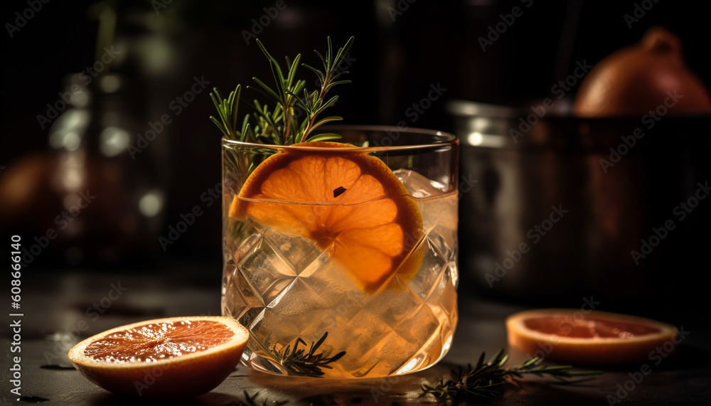 A refreshing citrus cocktail on a rustic wooden table indoors generated by AI