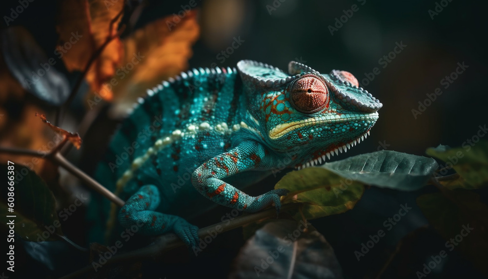 Vibrant gecko perching on leaf, a beauty in nature portrait generated by AI