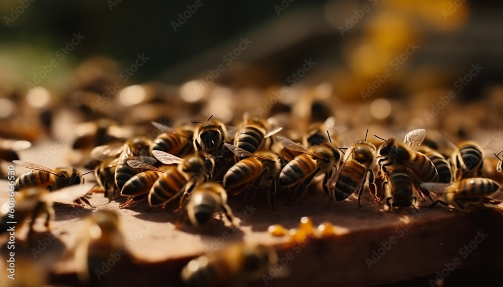 Busy honey bees working in crowded beehive for pollination generated by AI