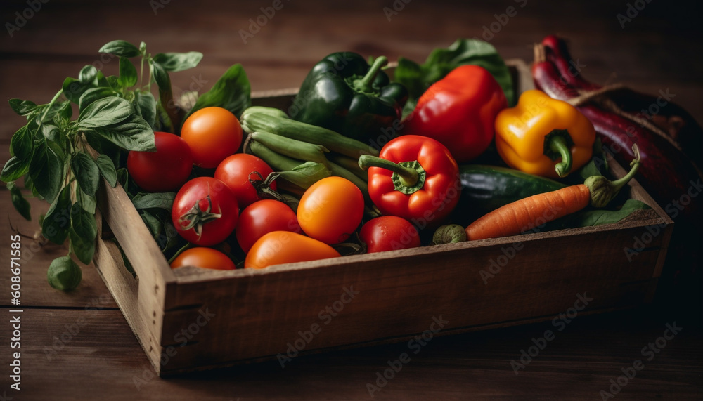 Fresh organic vegetables arranged on rustic wooden table for healthy eating generated by AI