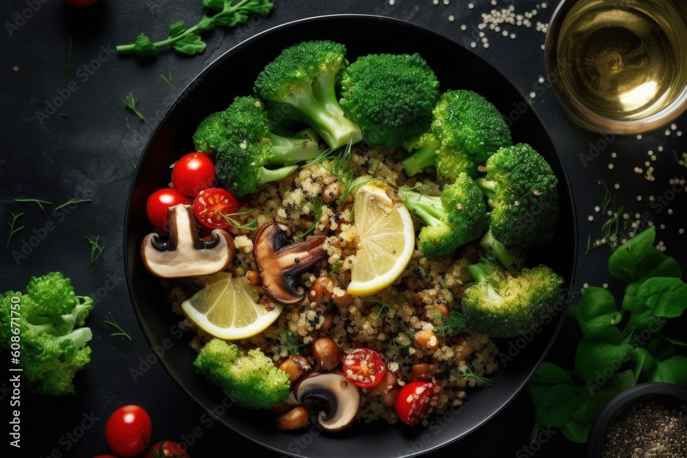 Vegan salad of vegetables - broccoli, mushrooms, spinach and quinoa in a bowl Illustration AI Genera