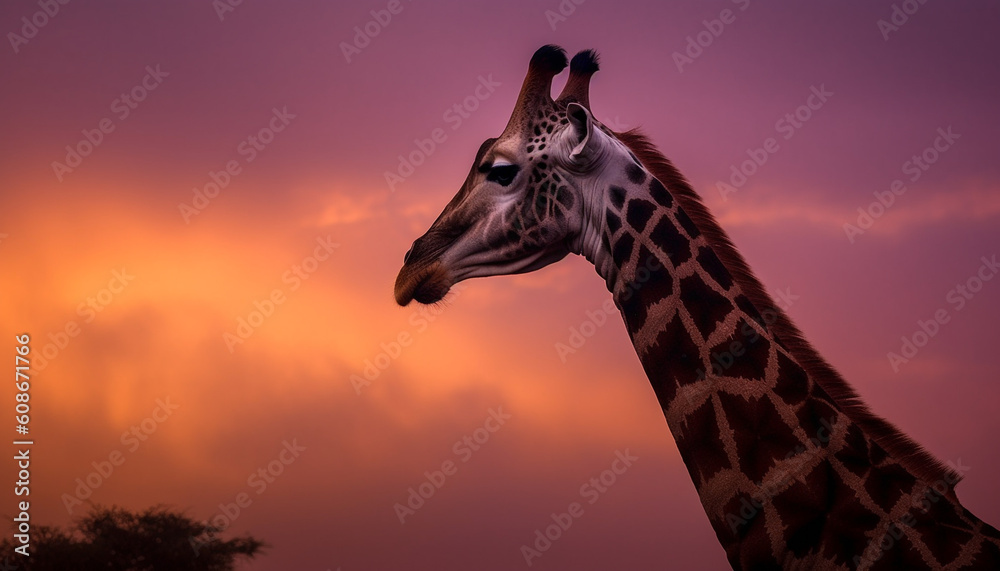 Majestic giraffe silhouette back lit by orange dusk sunlight generated by AI