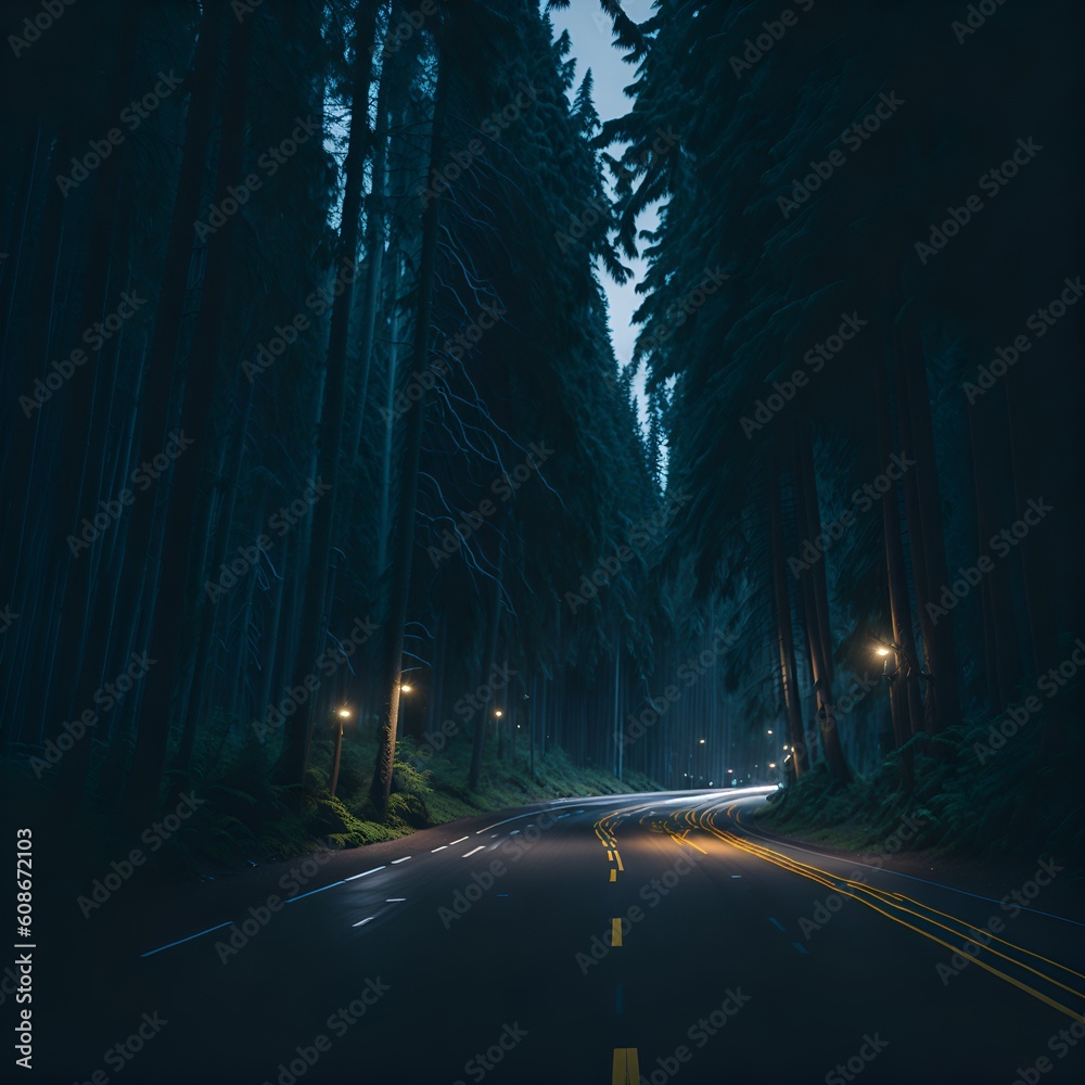 A road in the middle of a forest at night