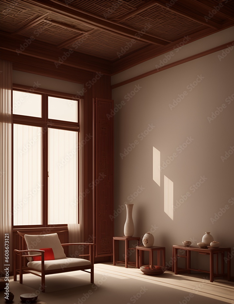 A room with a chair, table, vase and window