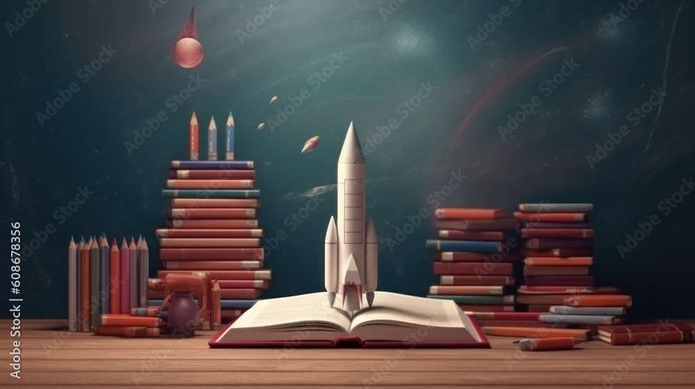 Books and rocket. Education concept. Illustration AI Generative.