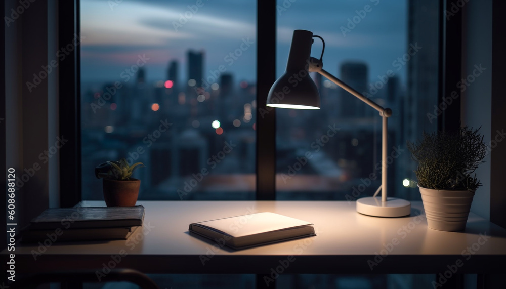 Modern office desk illuminated by electric lamp in city skyscraper generated by AI