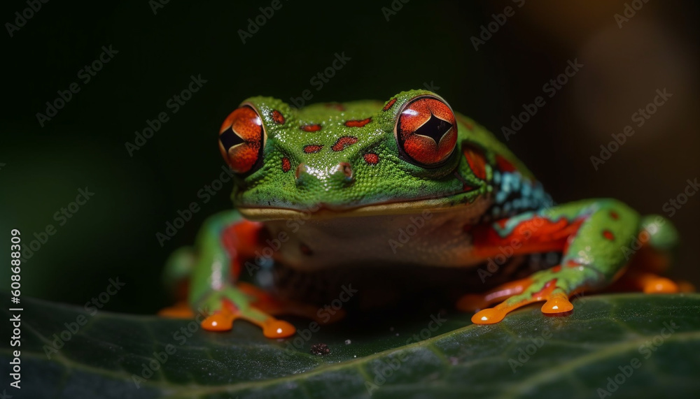 Red eyed tree frog sitting on wet leaf in tropical rainforest generated by AI