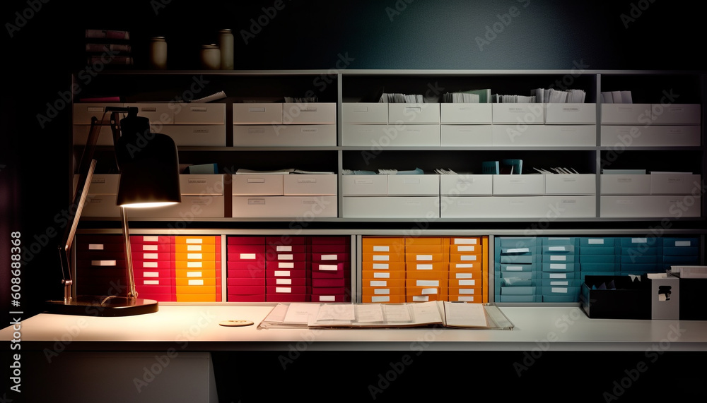 Modern office design illuminated bookshelf, computer monitor, and filing cabinet generated by AI