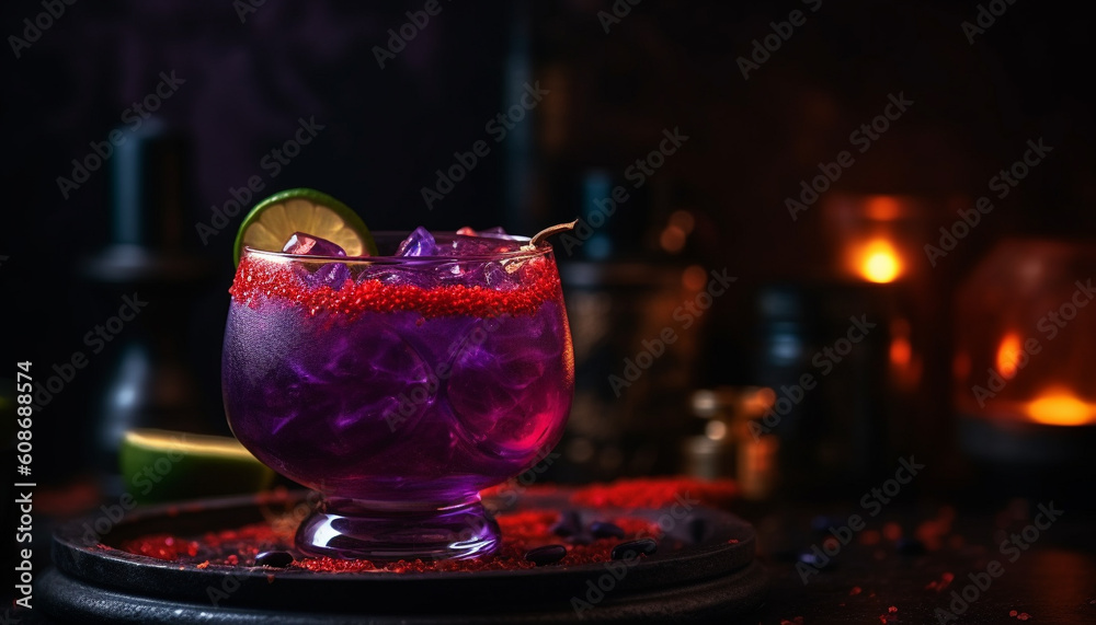 A refreshing cocktail with ice, fruit, and alcohol at night generated by AI