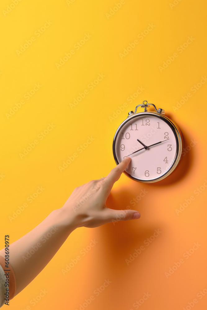 Conceptual  Time stopper  still life. Hand stopping a clock hand for moving. Created with Generative