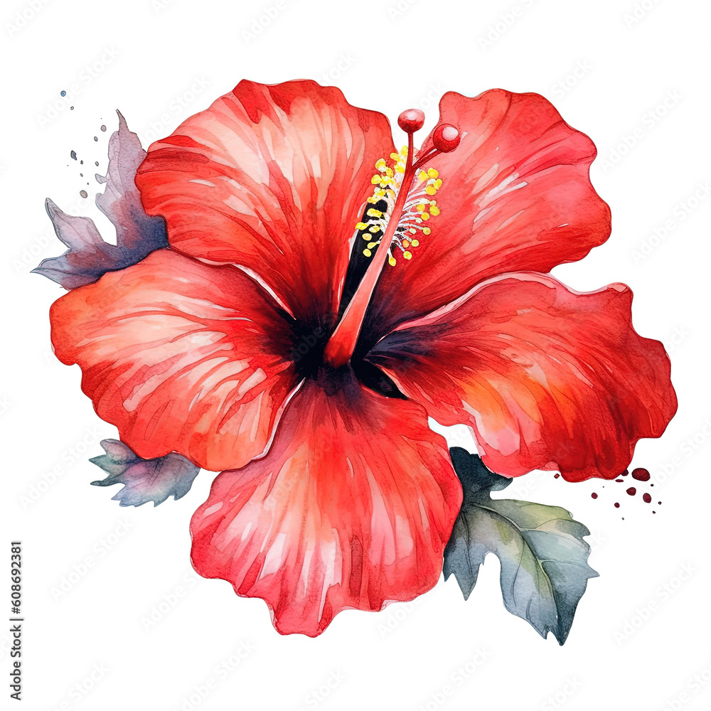 Red hibiscus flower watercolor. Illustration AI Generative.