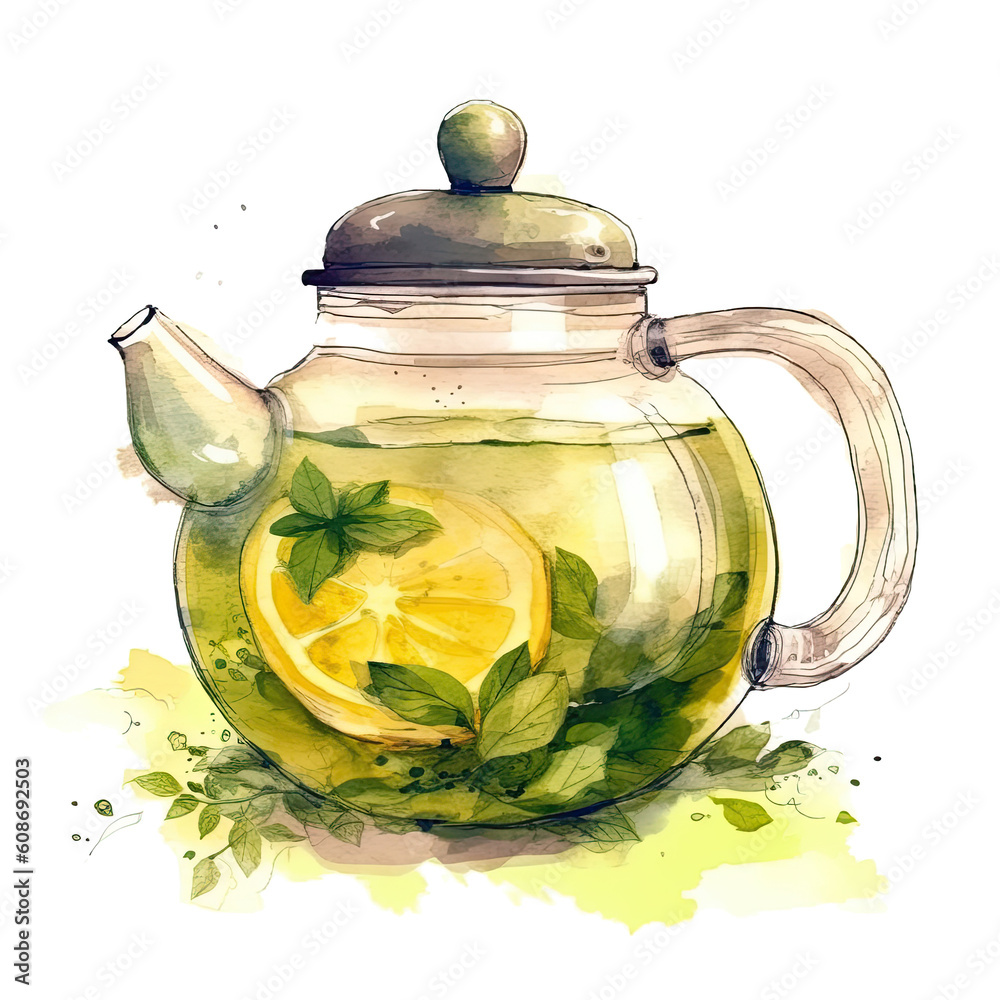 Watercolor green tea. Illustration AI Generative.