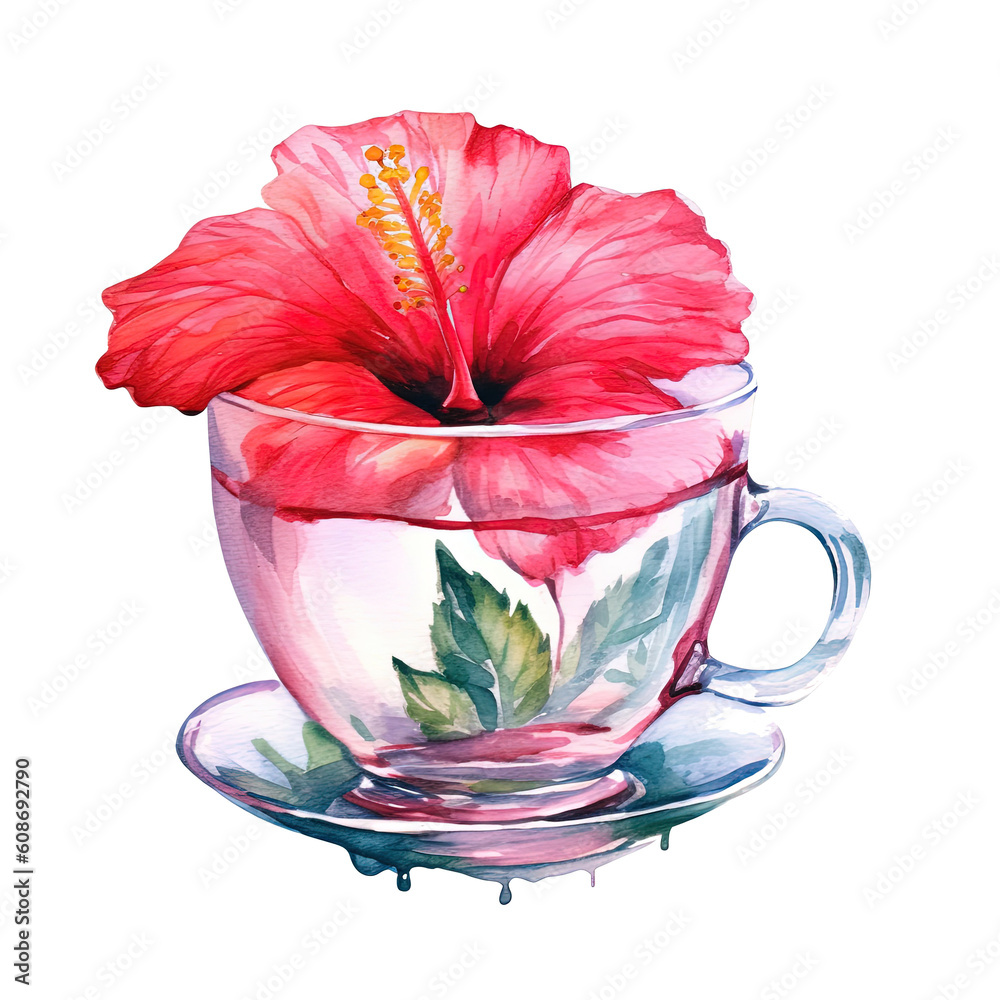 Watercolor tea with hibiscus flower. Illustration AI Generative.