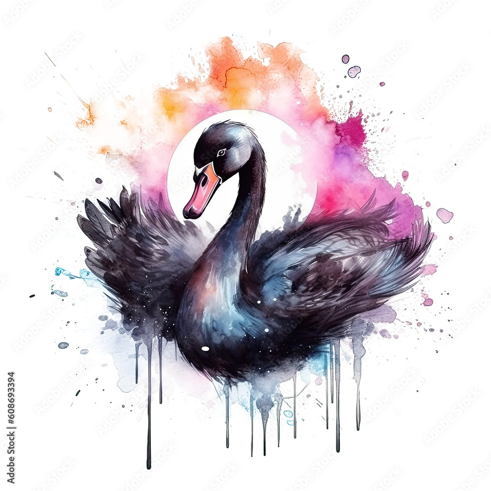 Watercolor black swan. Illustration AI Generative.