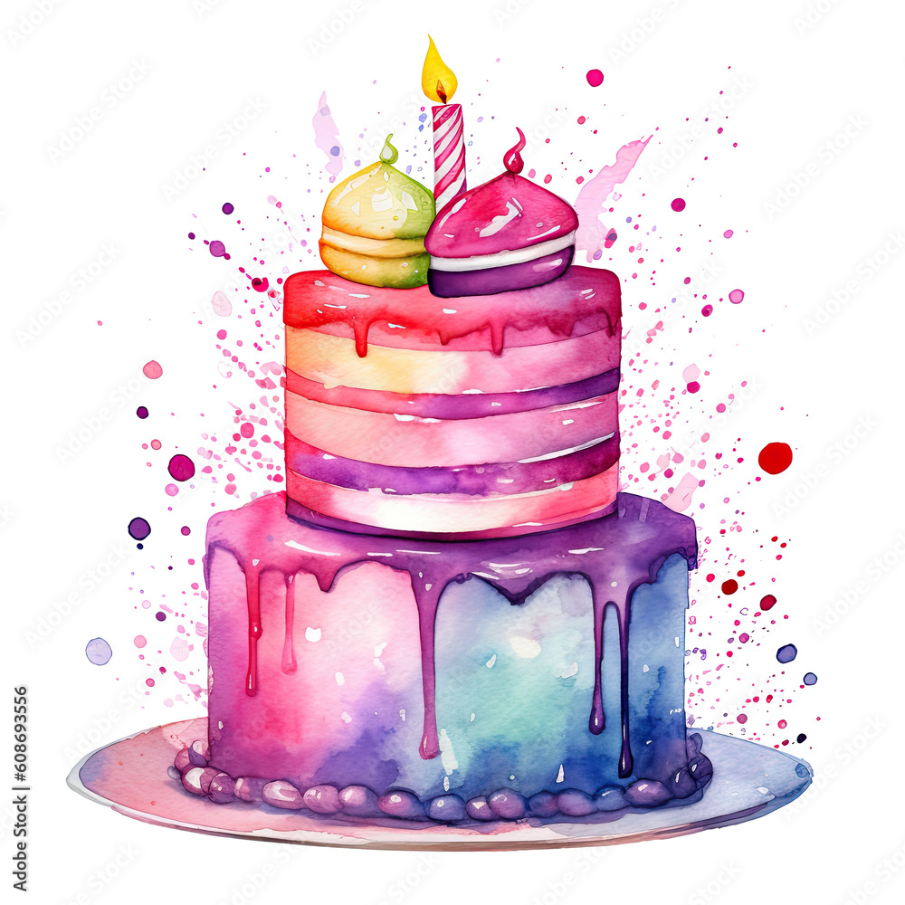 Watercolor Birthday Cake. Illustration AI Generative.