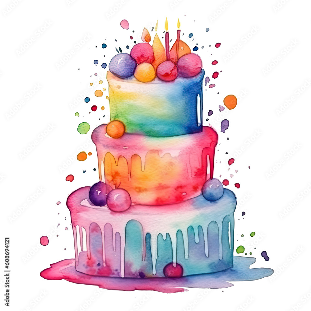 Watercolor Birthday Cake. Illustration AI Generative.