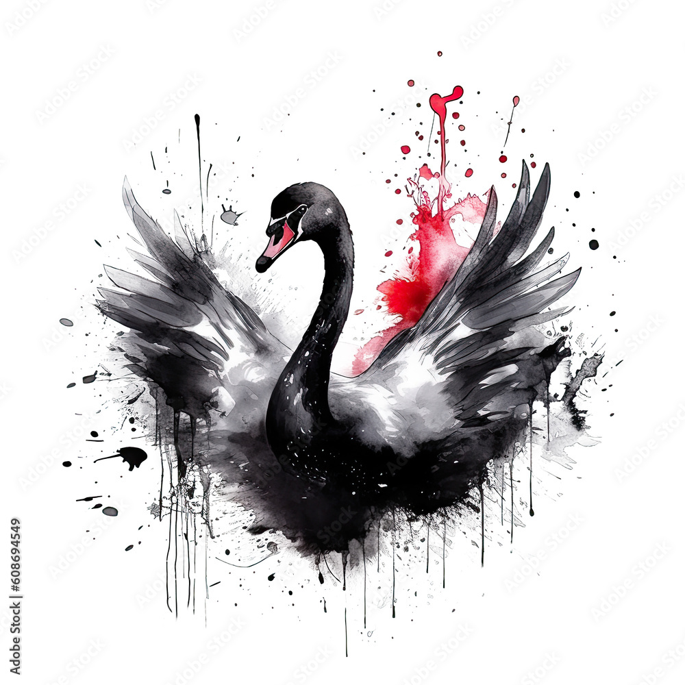 Watercolor black swan. Illustration AI Generative.