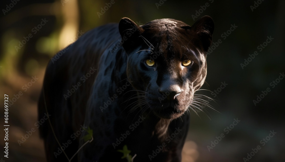 Majestic panther staring at camera in African wilderness area generated by AI