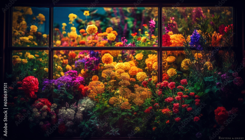 Fresh bouquet of multi colored flowers brightens formal garden landscape generated by AI