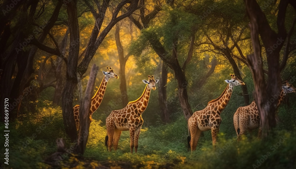 A large herd of giraffes standing under acacia tree at dusk generated by AI