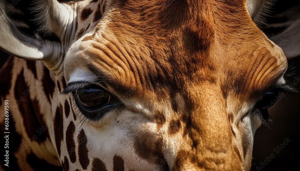 A spotted giraffe grazes in the green meadow, looking cute generated by AI