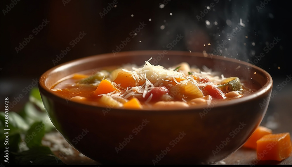 A rustic bowl of homemade pumpkin stew, a winter refreshment generated by AI