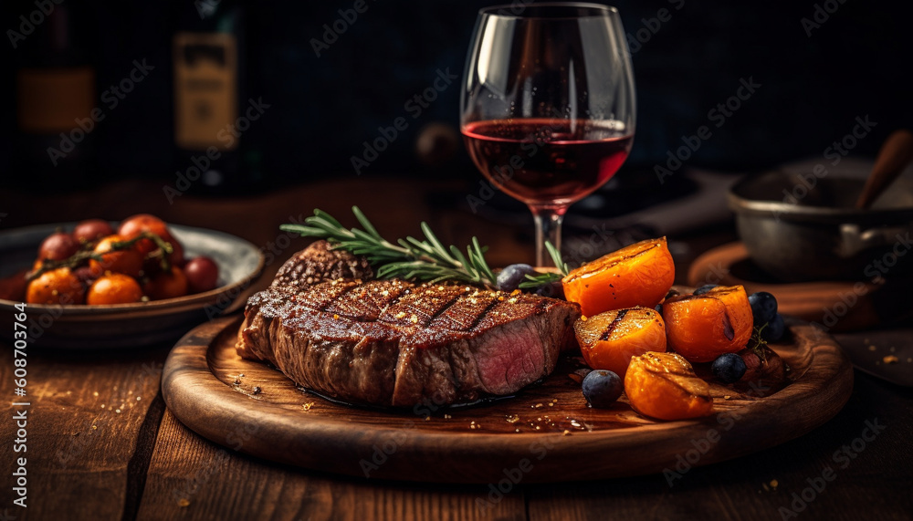 Grilled sirloin steak with smoked spice, paired with red wine generated by AI