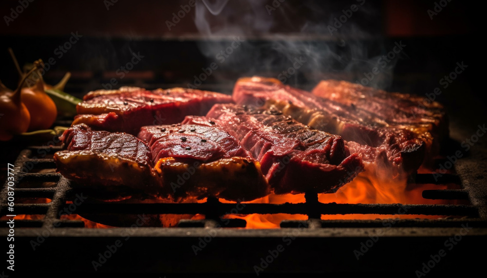 Grilled beef steak, marinated and char grilled to perfection, ready to eat generated by AI